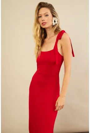 Kadın Kırmızı Omuz Fiyonklu Midi Elbise EY3119