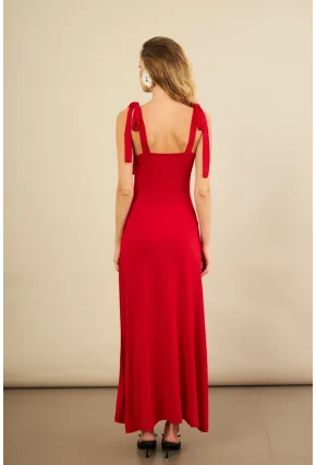 Kadın Kırmızı Omuz Fiyonklu Midi Elbise EY3119