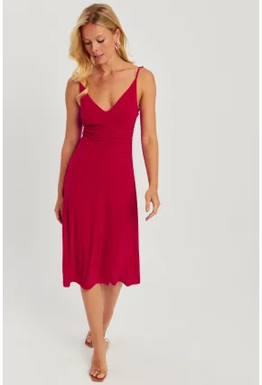 Kadın Kırmızı Önü Büzgülü Midi Elbise HO046