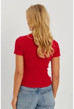 Kadın Kırmızı Önü Büzgülü V Yaka Bluz AYD309