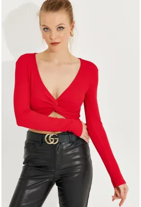 Kadın Kırmızı Önü Düğümlü Crop Bluz AYD244