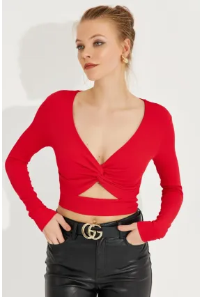 Kadın Kırmızı Önü Düğümlü Crop Bluz AYD244