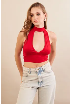 Kadın Kırmızı Sırt Detaylı Pencereli Crop Bluz EY3108