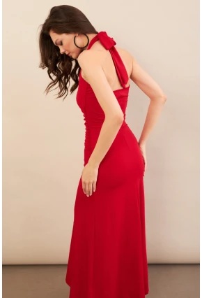 Kadın Kırmızı Sırtı Açık Boyun Bağlamalı Maxi Elbise DCF061
