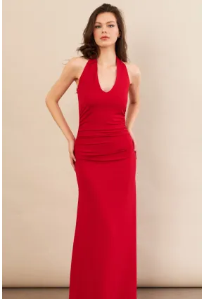 Kadın Kırmızı Sırtı Açık Boyun Bağlamalı Maxi Elbise DCF061
