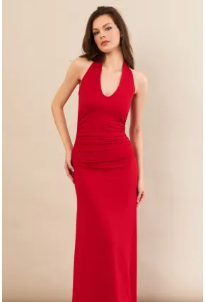 Kadın Kırmızı Sırtı Açık Boyun Bağlamalı Maxi Elbise DCF061