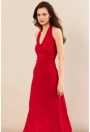 Kadın Kırmızı Sırtı Açık Boyun Bağlamalı Maxi Elbise DCF061