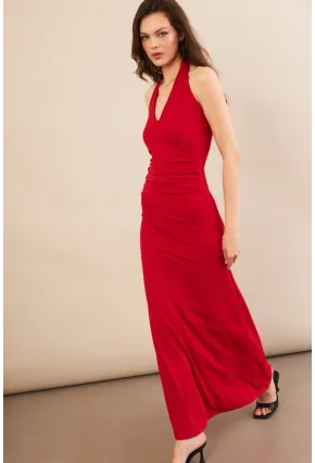 Kadın Kırmızı Sırtı Açık Boyun Bağlamalı Maxi Elbise DCF061