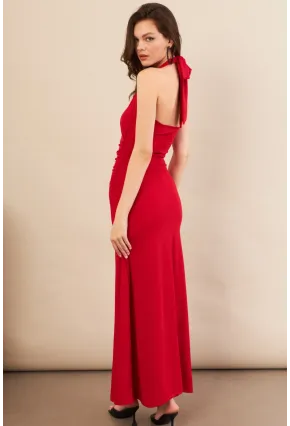 Kadın Kırmızı Sırtı Açık Boyun Bağlamalı Maxi Elbise DCF061
