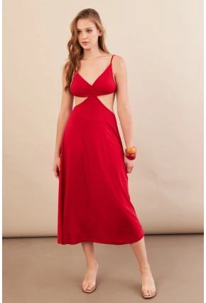 Kadın Kırmızı Sırtı Açık Halter Yaka Midi Elbise AN7036