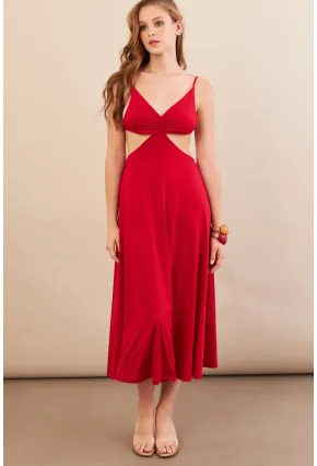 Kadın Kırmızı Sırtı Açık Halter Yaka Midi Elbise AN7036