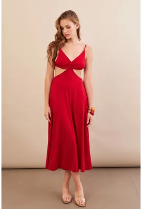 Kadın Kırmızı Sırtı Açık Halter Yaka Midi Elbise AN7036