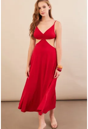 Kadın Kırmızı Sırtı Açık Halter Yaka Midi Elbise AN7036