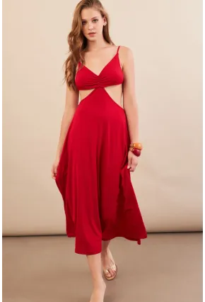 Kadın Kırmızı Sırtı Açık Halter Yaka Midi Elbise AN7036
