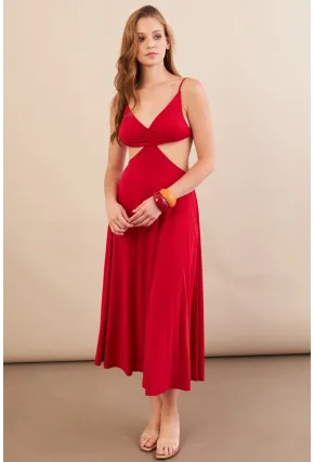 Kadın Kırmızı Sırtı Açık Halter Yaka Midi Elbise AN7036
