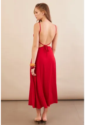 Kadın Kırmızı Sırtı Açık Halter Yaka Midi Elbise AN7036