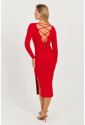 Kadın Kırmızı Sırtı Çapraz Triko Midi Elbise YZ407