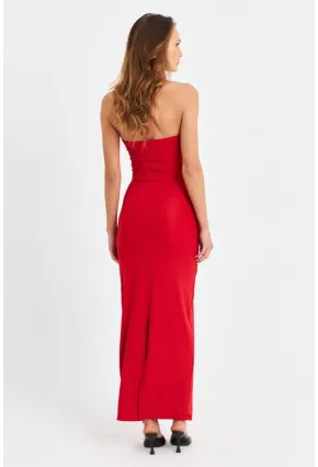 Kadın Kırmızı Straplez Yırtmaçlı Midi Elbise XC005