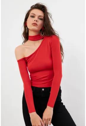 Kadın Kırmızı Tek Omuz Bluz EY3125