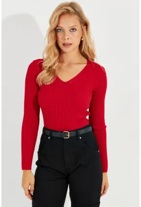Kadın Kırmızı V Yaka Fitilli Triko Bluz SMT216