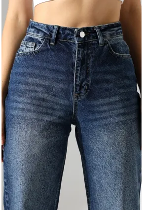 Kadın Koyu Mavi Yüksek Bel Düz Paça Jean