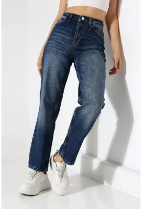 Kadın Koyu Mavi Yüksek Bel Düz Paça Jean