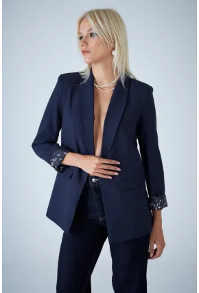 Kadın Lacivert Astarı Desenli Blazer Ceket BES3049