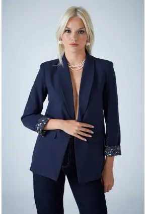 Kadın Lacivert Astarı Desenli Blazer Ceket BES3049