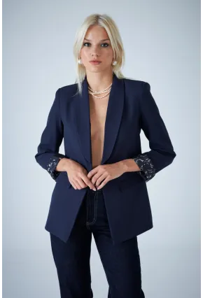 Kadın Lacivert Astarı Desenli Blazer Ceket BES3049