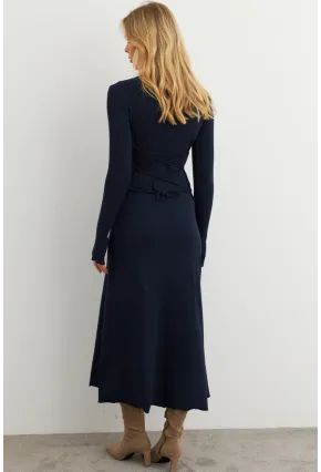 Kadın Lacivert Bağlamalı Kaşkorse Midi Elbise COL2268