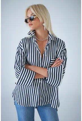 Kadın Lacivert Çizgili Cepli Gömlek ELN601