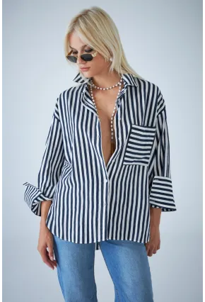 Kadın Lacivert Çizgili Cepli Gömlek ELN601