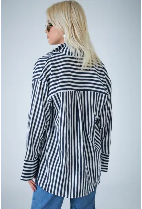 Kadın Lacivert Çizgili Cepli Gömlek ELN601