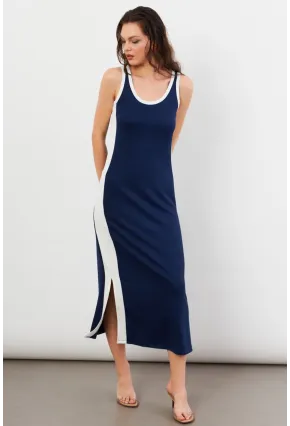 Kadın Lacivert Color Block Yırtmaçlı Midi Elbise UG105
