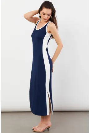 Kadın Lacivert Color Block Yırtmaçlı Midi Elbise UG105