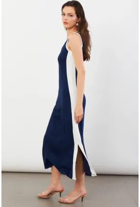 Kadın Lacivert Color Block Yırtmaçlı Midi Elbise UG105