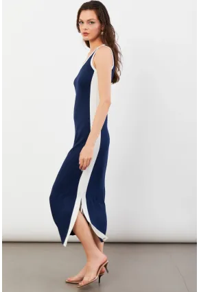 Kadın Lacivert Color Block Yırtmaçlı Midi Elbise UG105