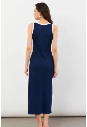 Kadın Lacivert Color Block Yırtmaçlı Midi Elbise UG105