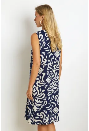 Kadın Lacivert Desenli Cepli Midi Elbise YZ1059