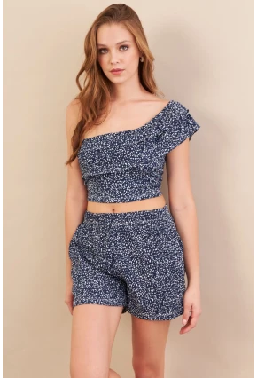 Kadın Lacivert Desenli Crop Şort Takım EV100