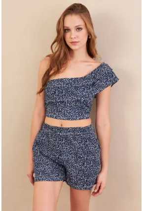 Kadın Lacivert Desenli Crop Şort Takım EV100