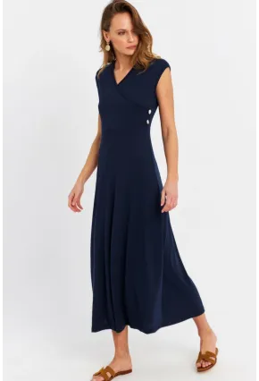 Kadın Lacivert Düğme Detaylı Kruvaze Midi Elbise EY0011
