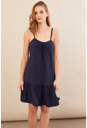 Kadın Lacivert Eteği Volanlı Askılı Midi Elbise OPS4152