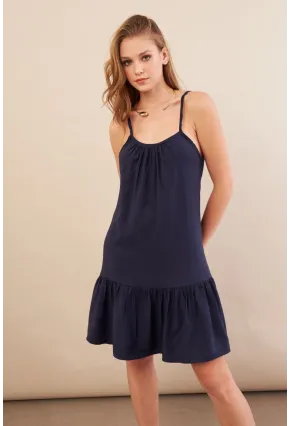 Kadın Lacivert Eteği Volanlı Askılı Midi Elbise OPS4152