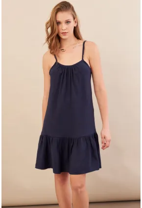 Kadın Lacivert Eteği Volanlı Askılı Midi Elbise OPS4152