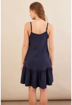 Kadın Lacivert Eteği Volanlı Askılı Midi Elbise OPS4152