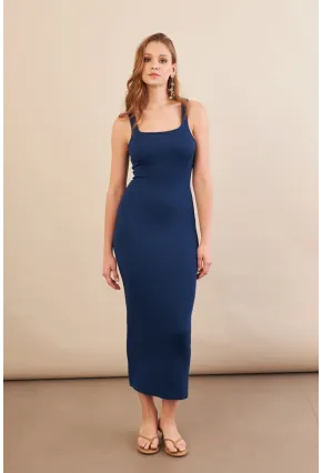 Kadın Lacivert Kare Yaka Midi Elbise DMR295-90