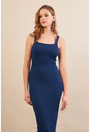 Kadın Lacivert Kare Yaka Midi Elbise DMR295-90