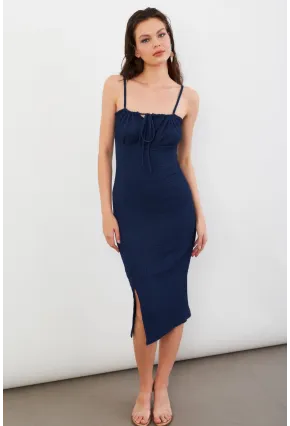 Kadın Lacivert Önü Bağlamalı Rustik Midi Elbise FRO2001