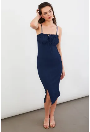 Kadın Lacivert Önü Bağlamalı Rustik Midi Elbise FRO2001
